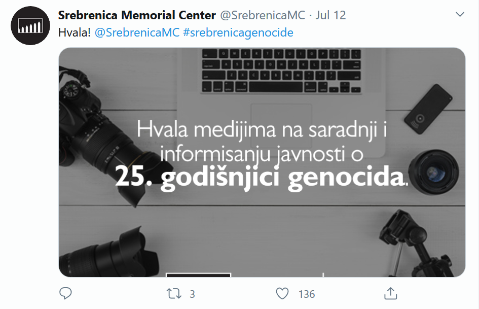 Hvala medijima na saradnji i informisanju javnosti o 25. godišnjici genocida (Twitter/SrebrenicaMC)